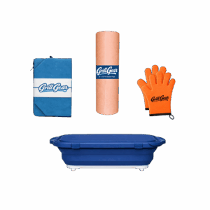 BBQ prep and resting bundle with gloves, butcher paper, tub, and blanket