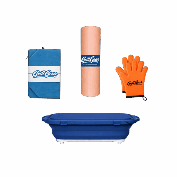 BBQ prep and resting bundle with gloves, butcher paper, tub, and blanket