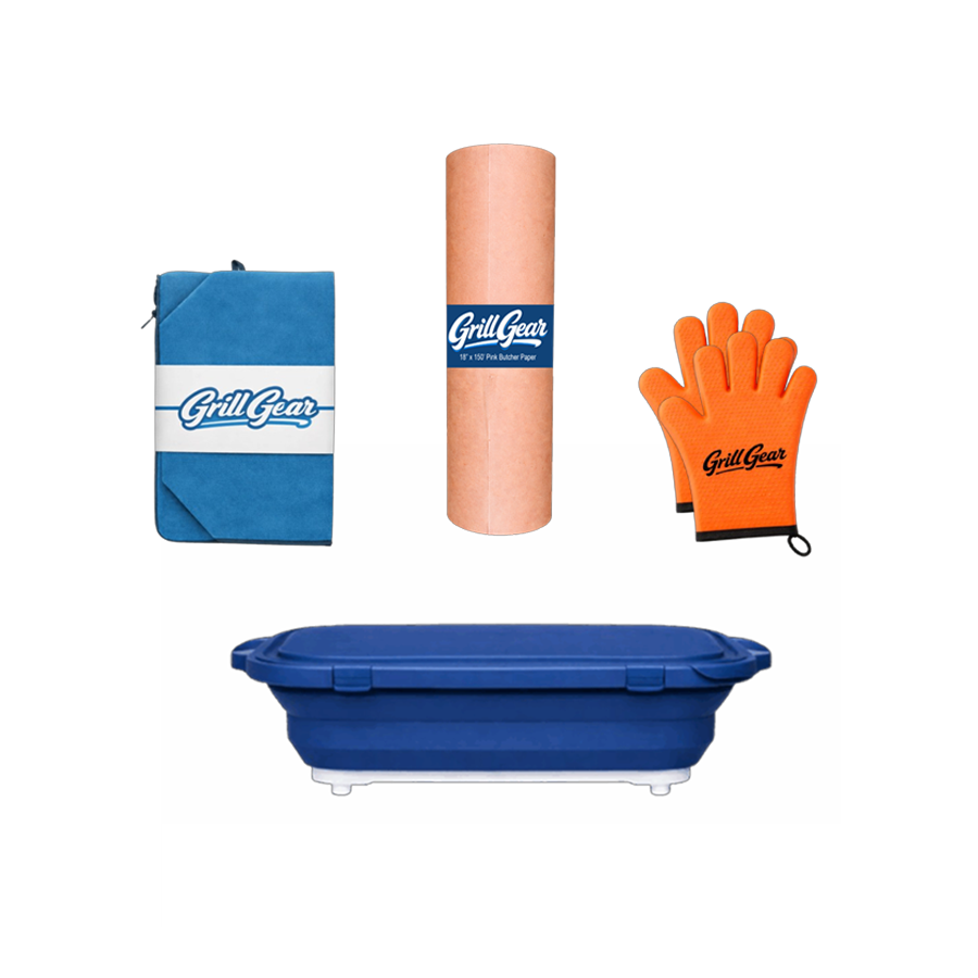 BBQ prep and resting bundle with gloves, butcher paper, tub, and blanket