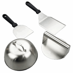 Smash burger kit with stainless steel press, lid, and spatula