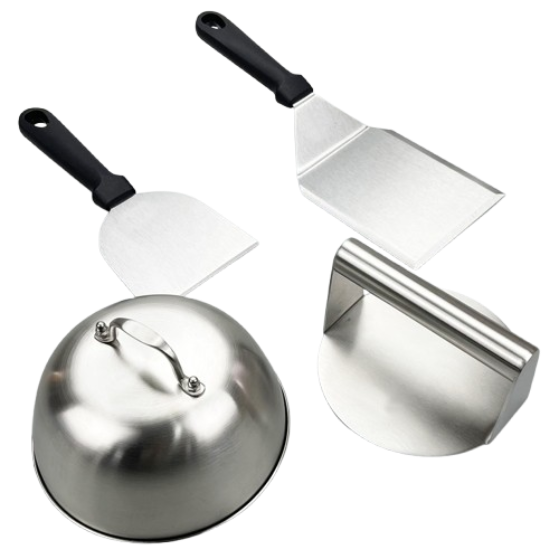 Smash burger kit with stainless steel press, lid, and spatula