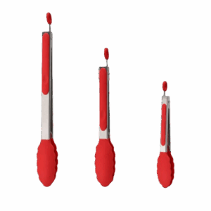Heat resistant BBQ tongs set with silicone tips in three sizes