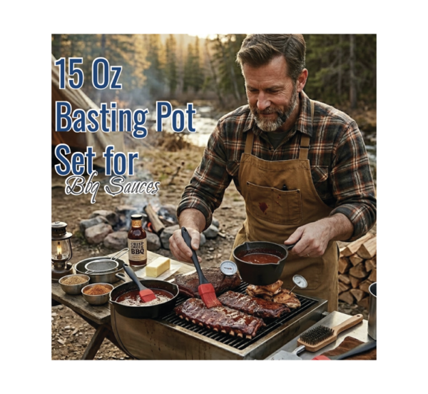 Cast iron melting pot with silicone BBQ brush for grilling