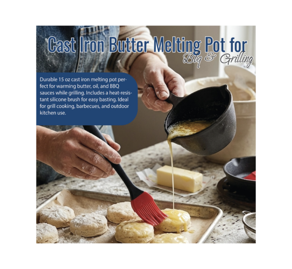 Cast iron melting pot with silicone BBQ brush for grilling