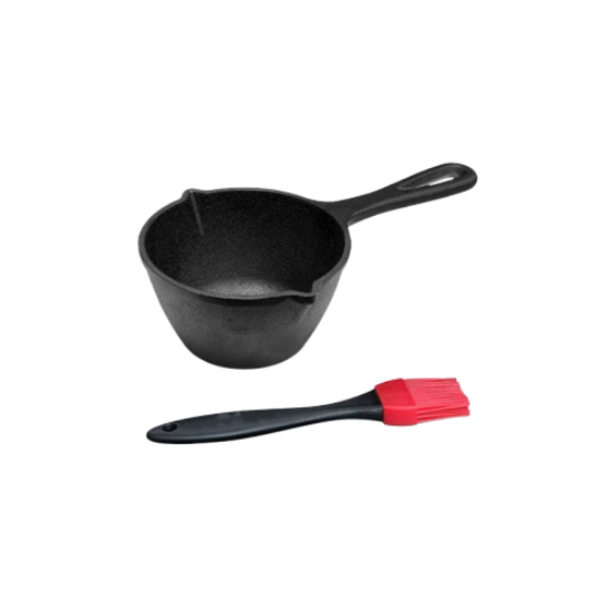 Cast iron melting pot with silicone BBQ brush for grilling