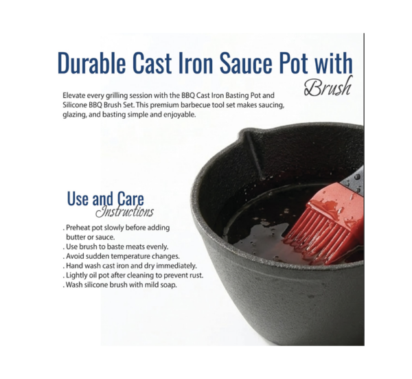 Cast iron melting pot with silicone BBQ brush for grilling