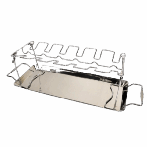 Stainless steel chicken leg rack holding drumsticks on grill