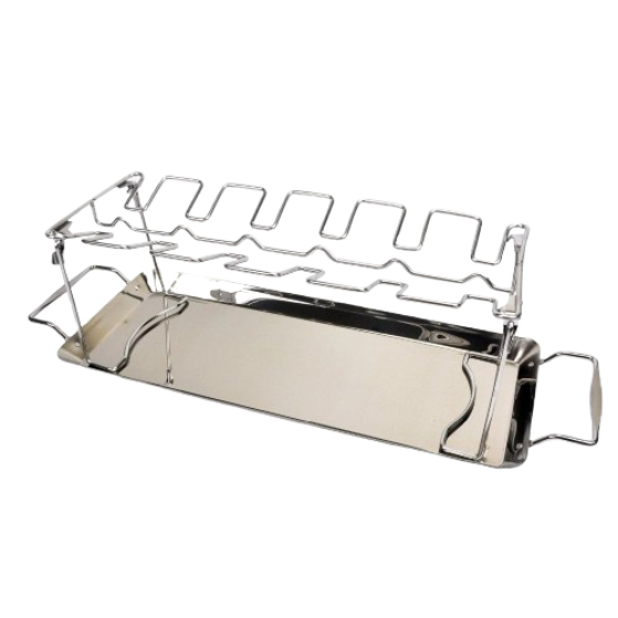 Stainless steel chicken leg rack holding drumsticks on grill