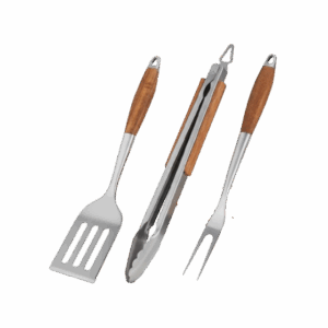 3 piece BBQ grill utensil set with stainless steel tools and rosewood handles