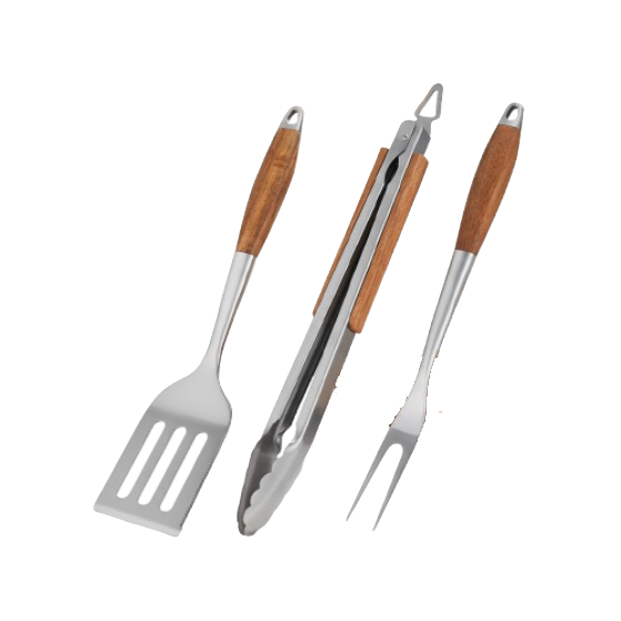 3 piece BBQ grill utensil set with stainless steel tools and rosewood handles