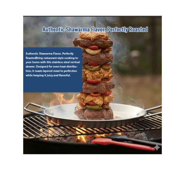 Stainless steel vertical skewer with drip pan for grill and oven