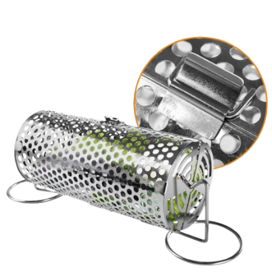 Stainless steel cylindrical BBQ grill basket for vegetables and seafood