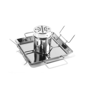 Stainless steel BBQ chicken roaster holder with canister drip pan and corn fork
