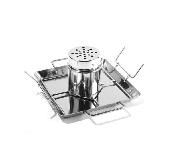 Stainless steel BBQ chicken roaster holder with canister drip pan and corn fork
