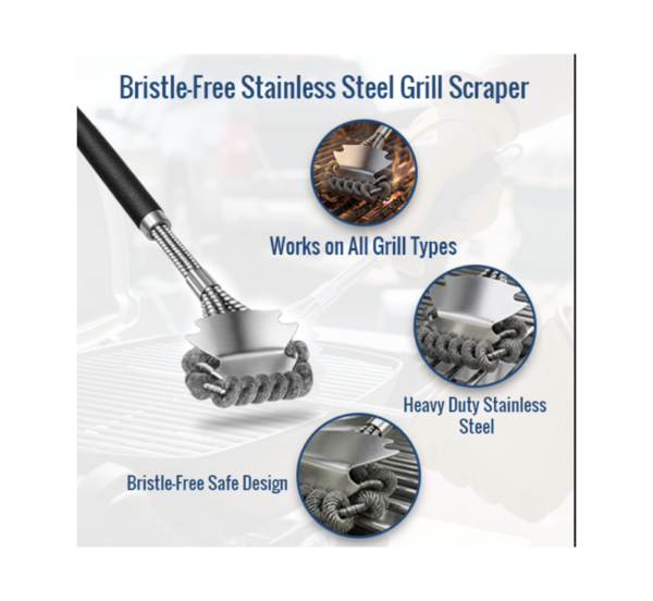 Stainless steel bristle free grill brush scraper for BBQ