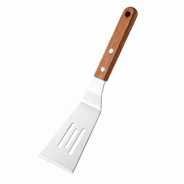 Stainless steel slotted cooking spatula with wooden handle