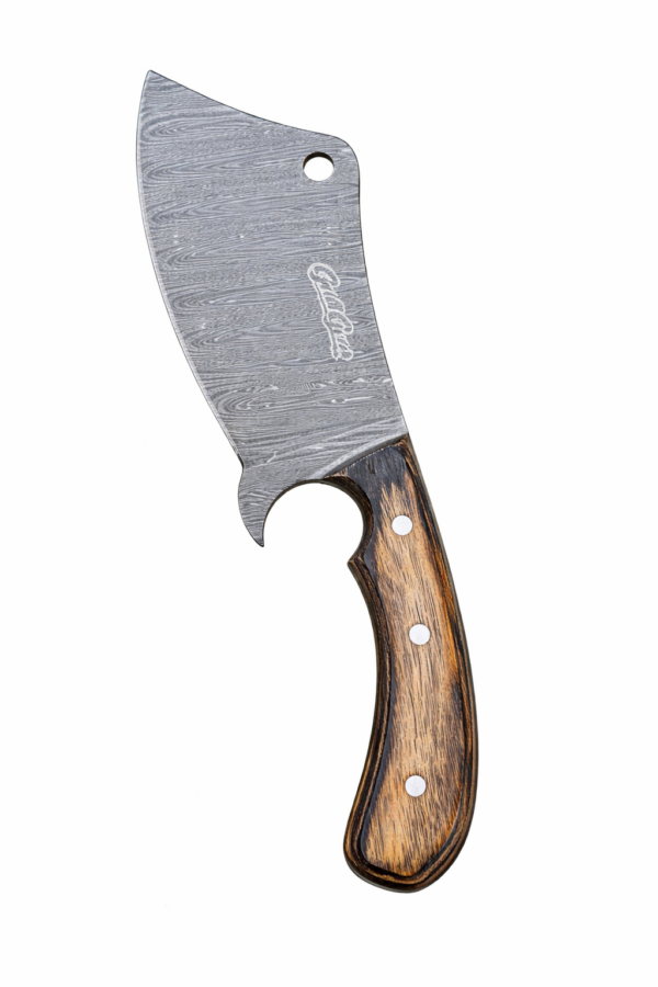 Apex Predator Knife with curved Damascus-style blade and wooden handle