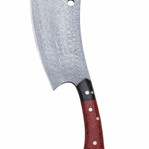 Crixus Knife with curved Damascus-style patterned blade and red textured handle
