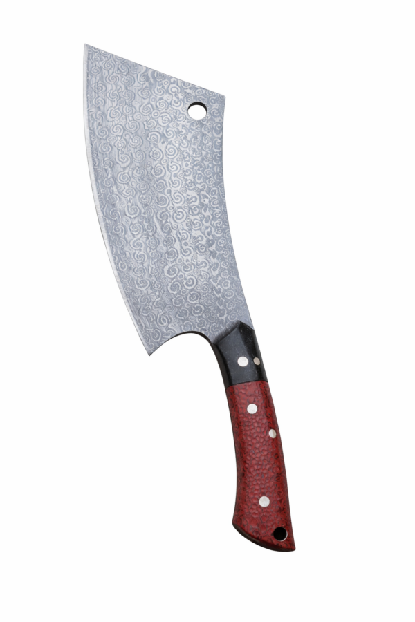 Crixus Knife with curved Damascus-style patterned blade and red textured handle