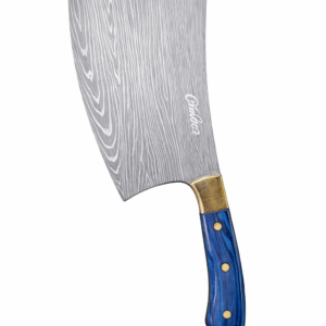 The Megalodon Knife with oversized Damascus-style blade and blue wood handle