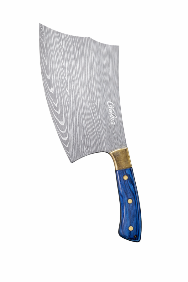 The Megalodon Knife with oversized Damascus-style blade and blue wood handle