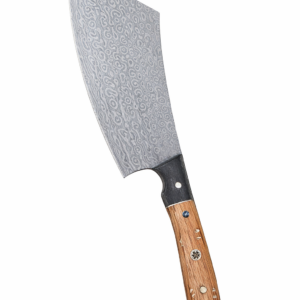 The Annihilator Knife with wide Damascus-style patterned blade and wooden handle