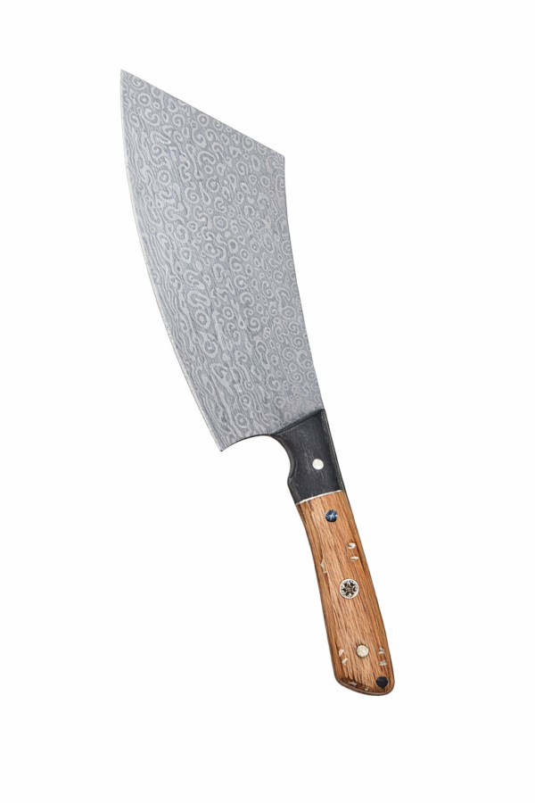 The Annihilator Knife with wide Damascus-style patterned blade and wooden handle