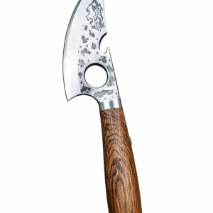 Iron Fang Knife with curved hammered blade and wooden handle