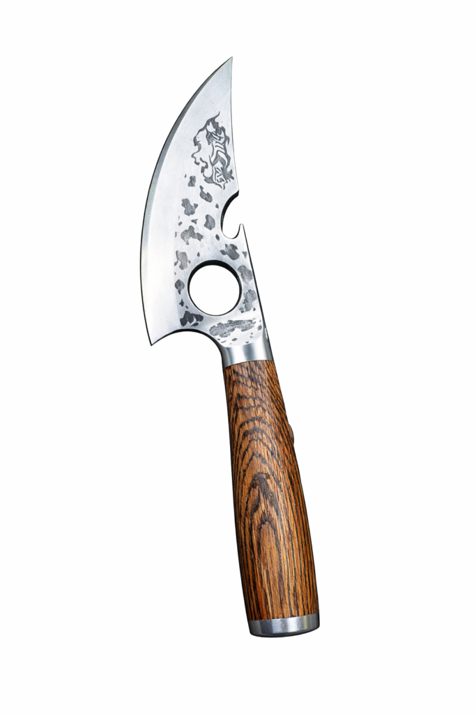 Iron Fang Knife with curved hammered blade and wooden handle