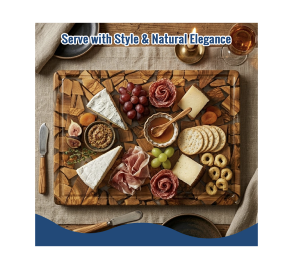 Handmade olive wood epoxy resin serving board with natural grain