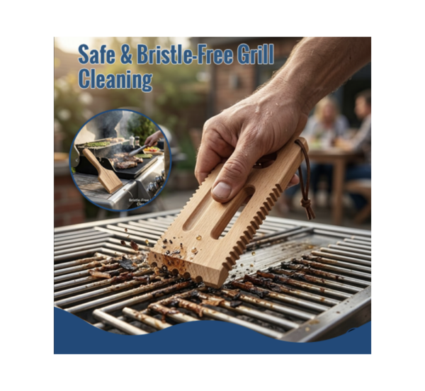 Bristle-free wooden grill scraper cleaning metal grill grates