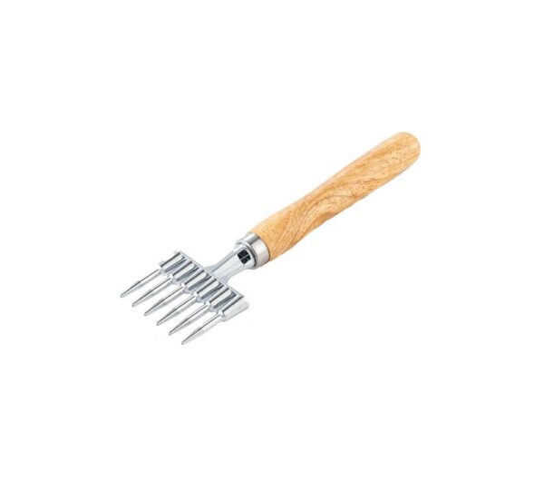 Meat tenderizer with stainless steel prongs and wooden handle
