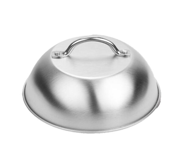 Stainless steel cheese melting dome lid with heat resistant handle