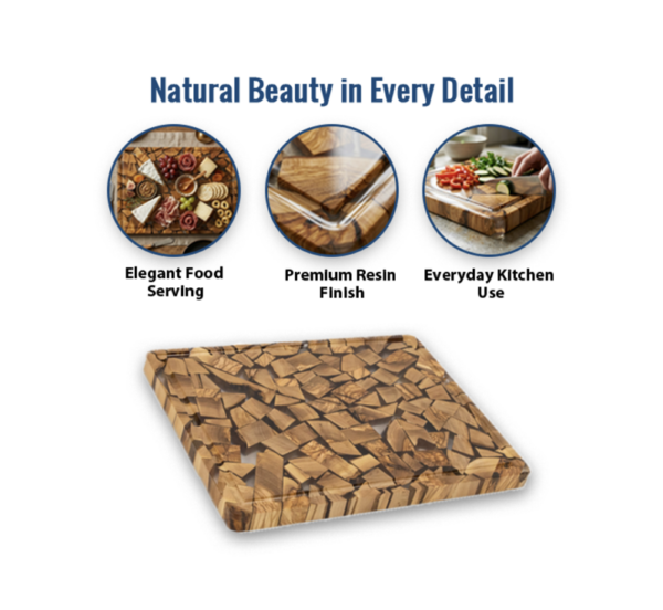 Handmade olive wood epoxy resin serving board with natural grain