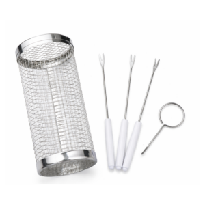 Stainless Steel Round Grilling Basket with perforated surface and handles