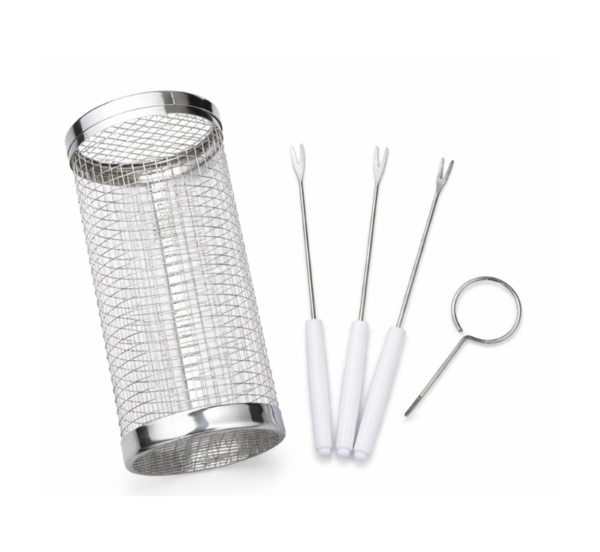 Stainless Steel Round Grilling Basket with perforated surface and handles