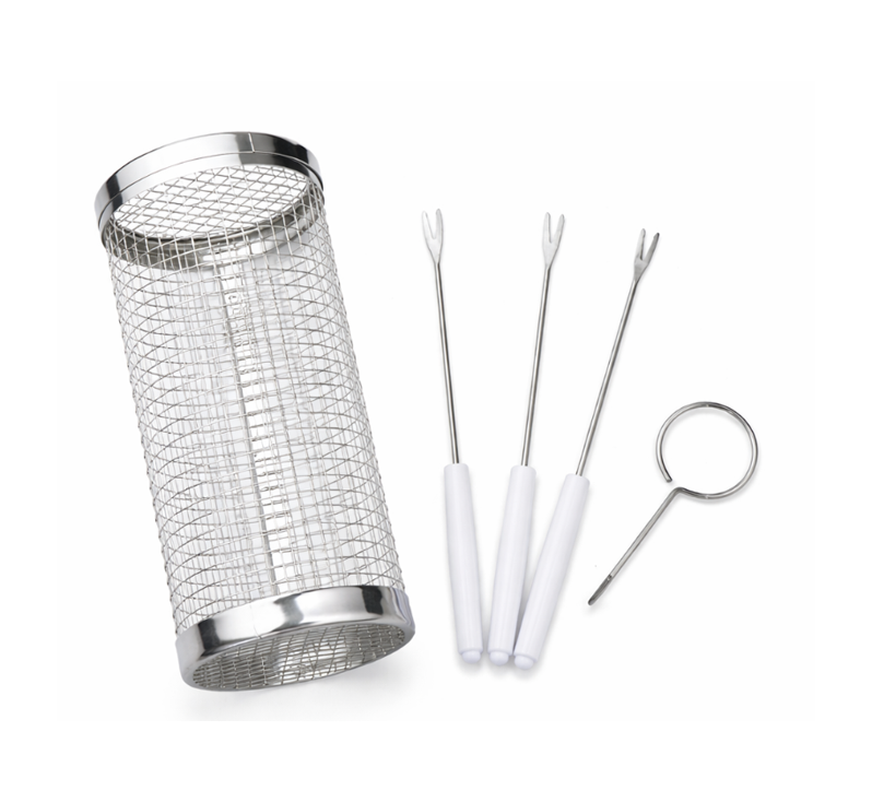 Stainless Steel Round Grilling Basket with perforated surface and handles