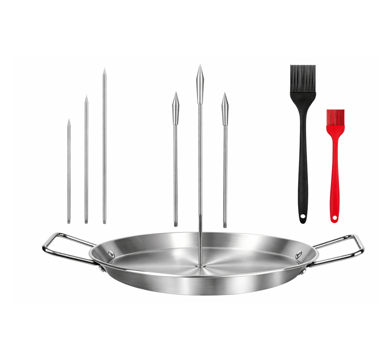 Stainless steel vertical skewer with drip pan for grill and oven