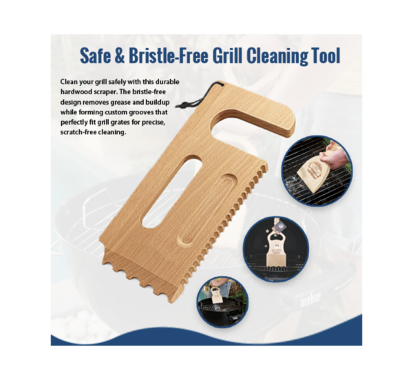 Bristle-free wooden grill scraper cleaning metal grill grates