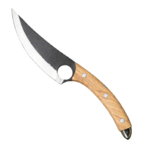 Raptor Claw Knife with curved two-tone blade and wooden handle