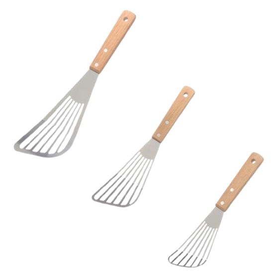 Set of three stainless steel fish turner spatulas with slotted blades