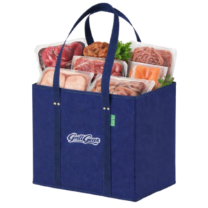 Heavy duty reusable BBQ shopping bag standing upright
