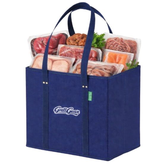 Heavy duty reusable BBQ shopping bag standing upright