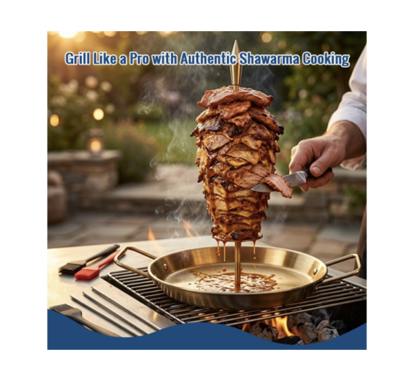 Stainless steel vertical skewer with drip pan for grill and oven