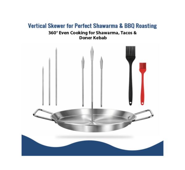 Stainless steel vertical skewer with drip pan for grill and oven