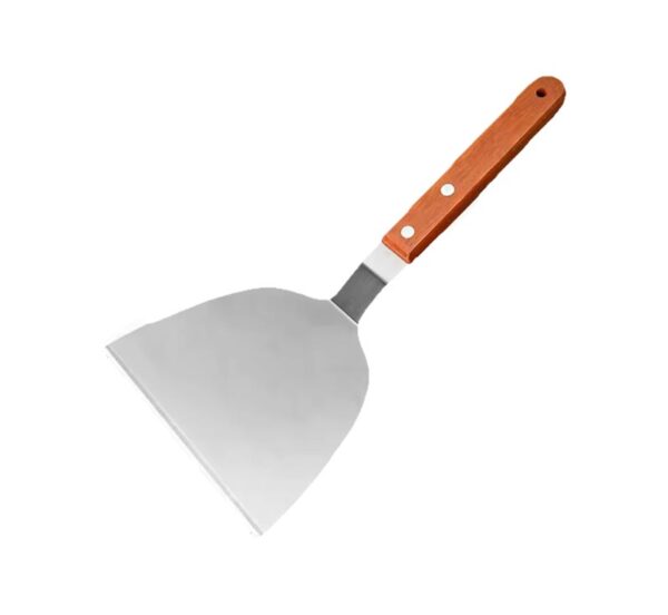 Large stainless steel silver hamburger spatula with wide flat blade