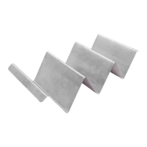 Stainless steel taco holder stand holding three tacos upright