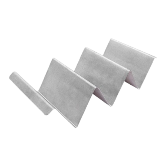 Stainless steel taco holder stand holding three tacos upright
