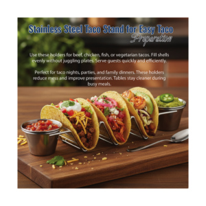 Stainless taco holder stand holding three tacos