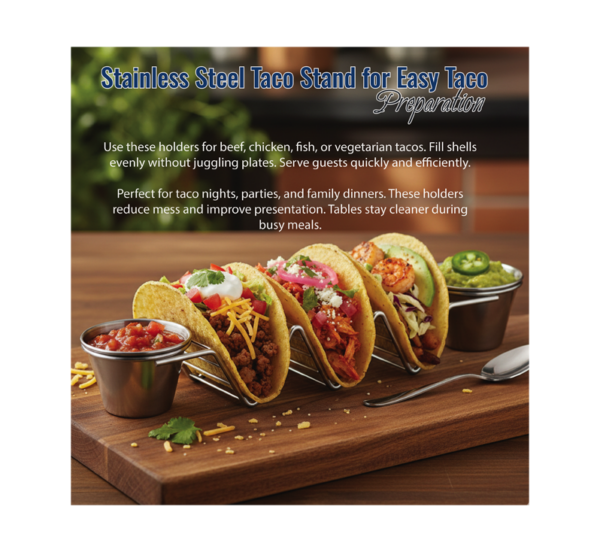 Stainless taco holder stand holding three tacos